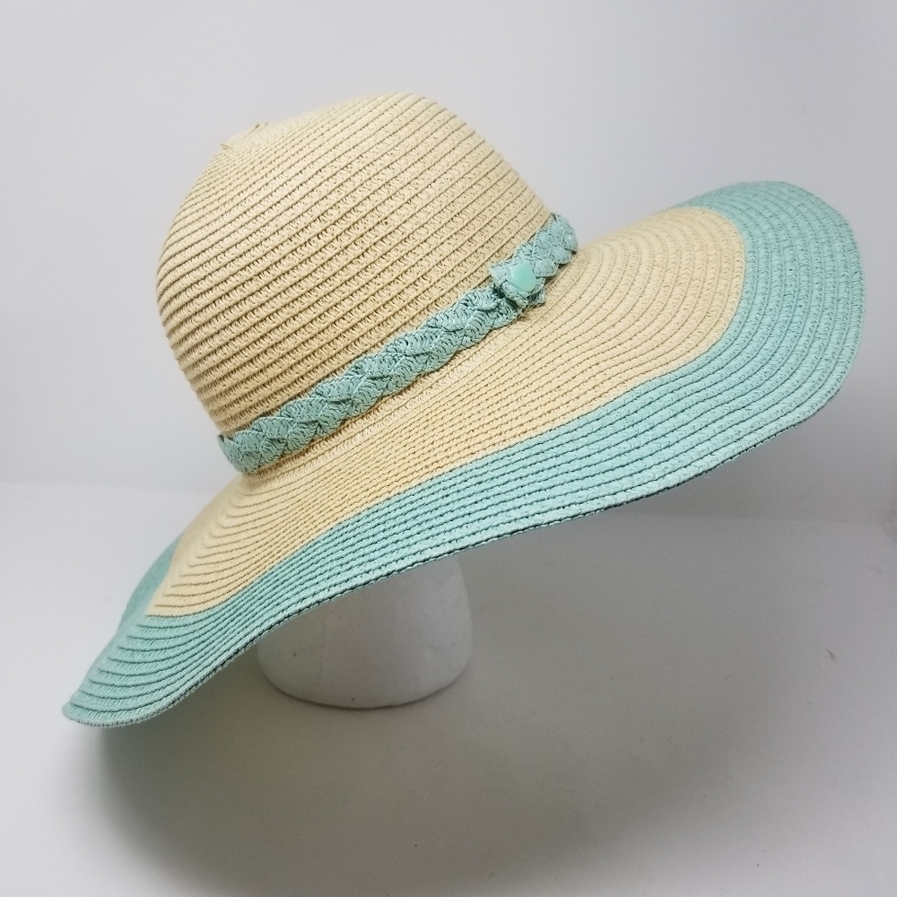 The Girlfriend Hat Wide Brim Hat Stripe Braided Hat Band Baby Blue Natural Paper - Picture 3 of 10